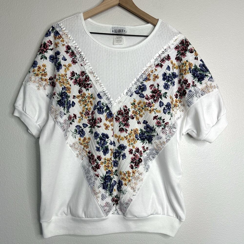 Vintage USA Made Floral Lace Cottagecore Shirt By Alabuy Sz L Grandma Granny